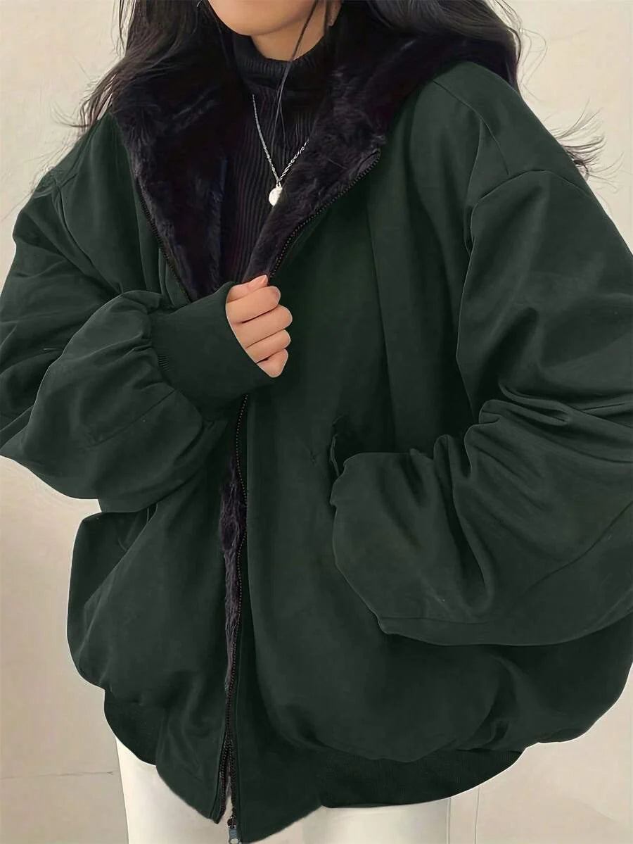 Women's Oversized Hooded Parka With Faux Fur Collar, Slimming Silhouette, Dual-Sided Wear, Daily Street Style, Short Jacket For Autumn/Winter
