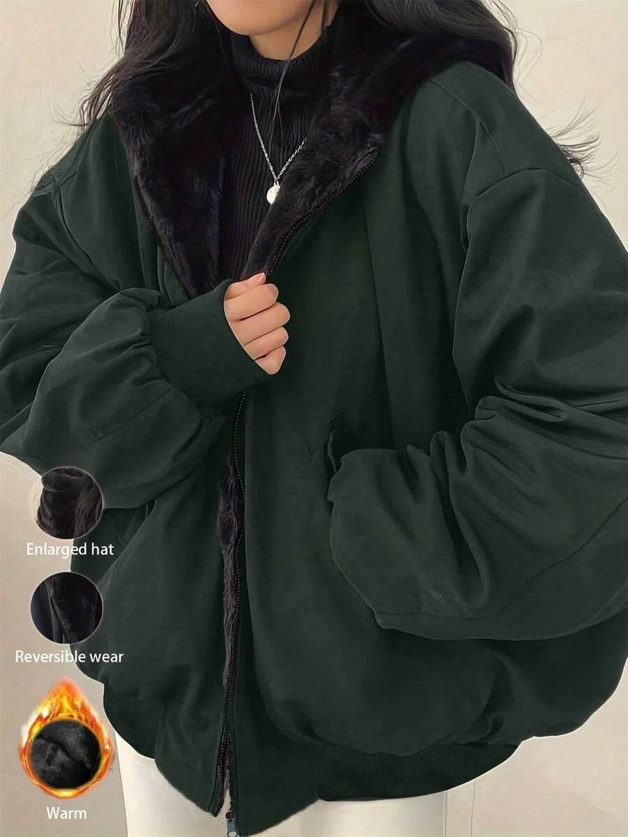 Women's Oversized Hooded Parka With Faux Fur Collar, Slimming Silhouette, Dual-Sided Wear, Daily Street Style, Short Jacket For Autumn/Winter