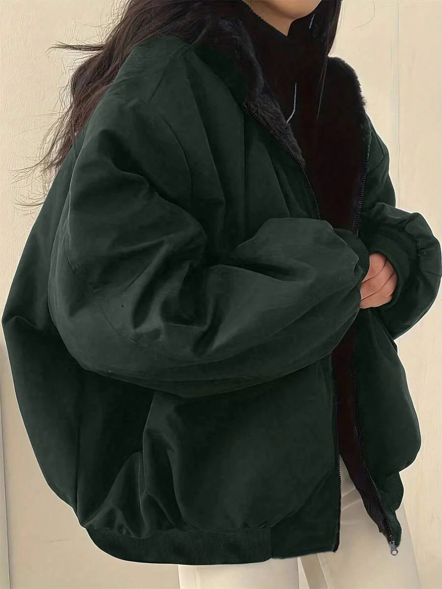 Women's Oversized Hooded Parka With Faux Fur Collar, Slimming Silhouette, Dual-Sided Wear, Daily Street Style, Short Jacket For Autumn/Winter