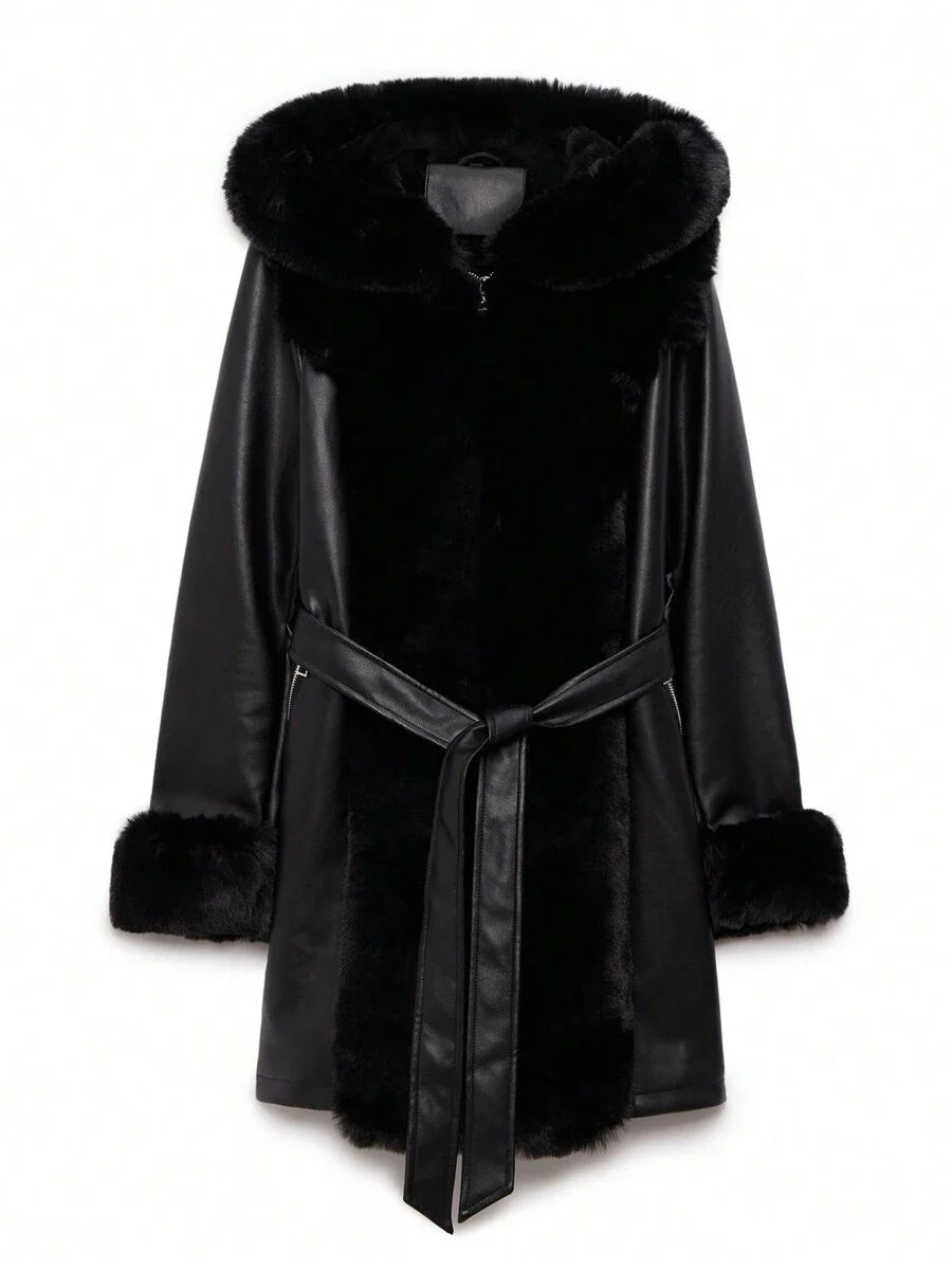 Giolshon Women's PU Jacket With Faux Fur And Belt - Perfect For Fall And Winter, And Stylish With Waist Tie For Casual Or Work Commute