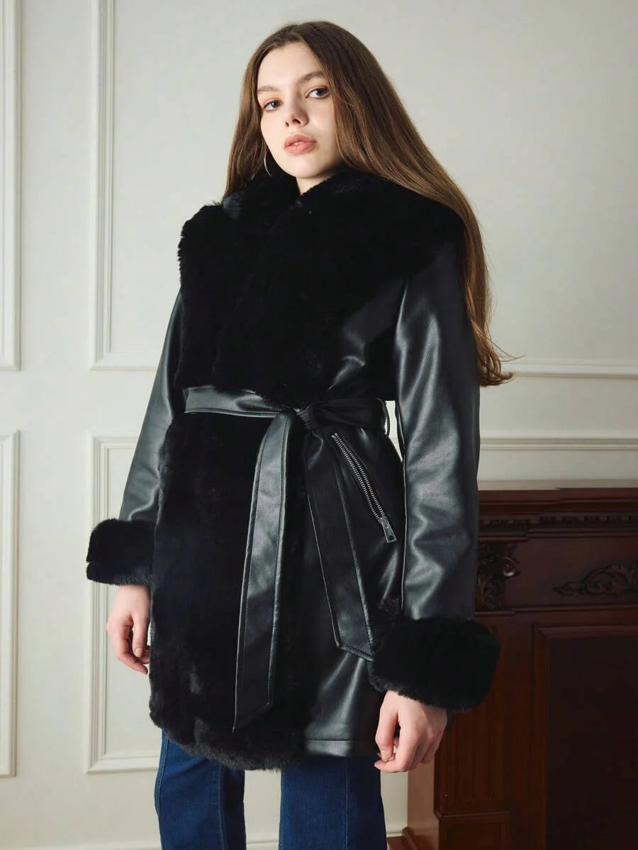 Giolshon Women's PU Jacket With Faux Fur And Belt - Perfect For Fall And Winter, And Stylish With Waist Tie For Casual Or Work Commute