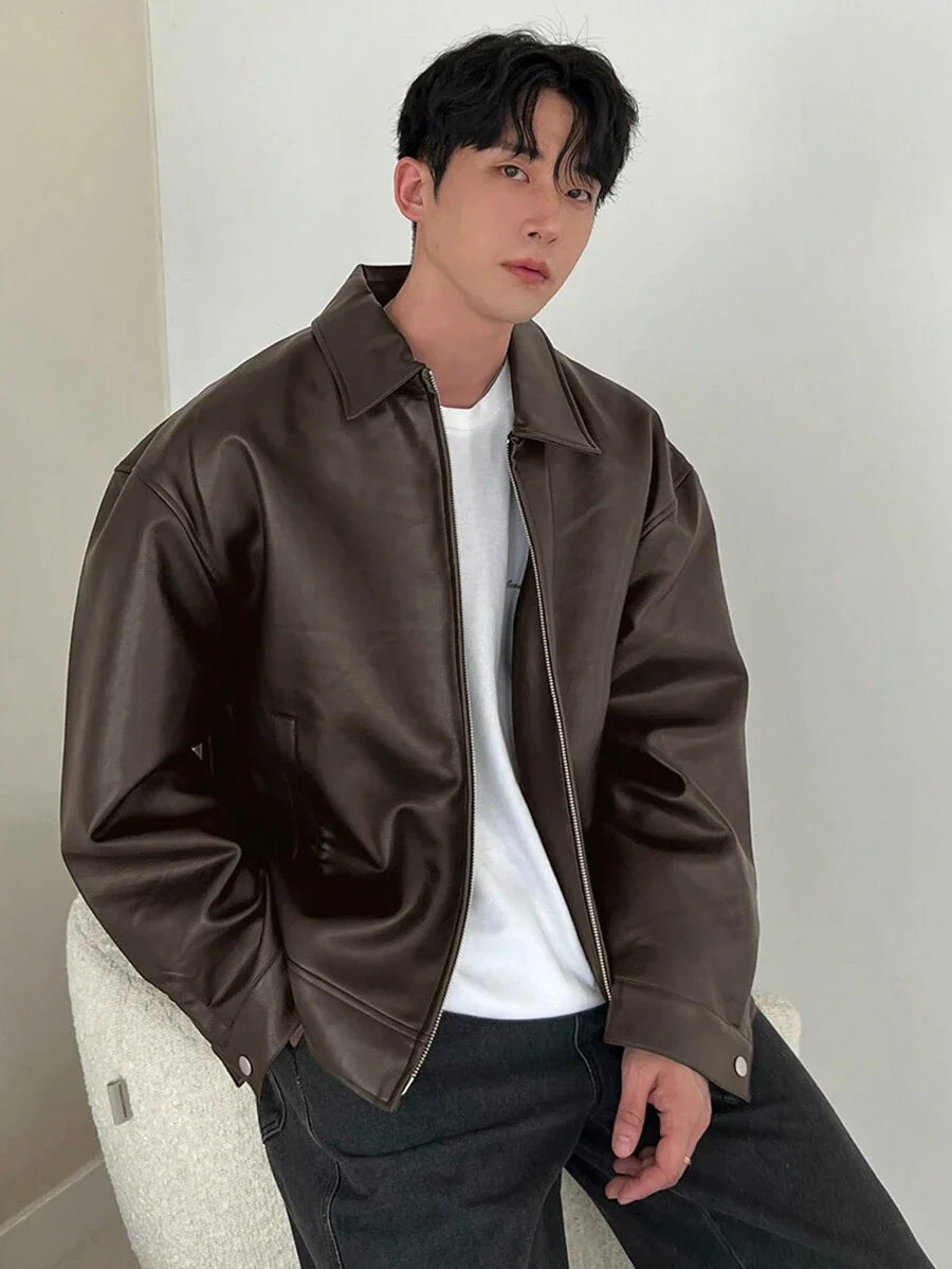 DAZY 1pc Men Plain Black Faux Leather Jacket For Autumn, Grunge