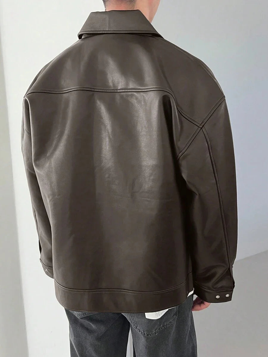 DAZY 1pc Men Plain Black Faux Leather Jacket For Autumn, Grunge
