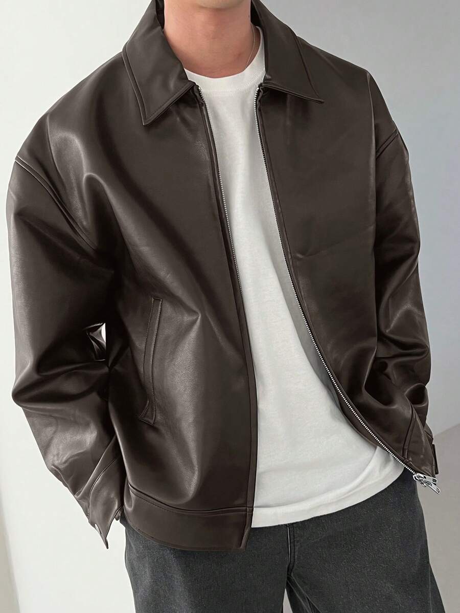 DAZY 1pc Men Plain Black Faux Leather Jacket For Autumn, Grunge