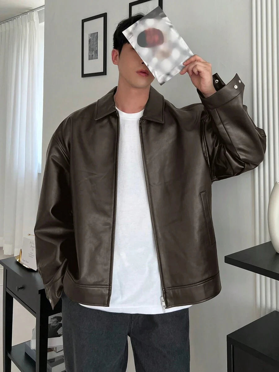 DAZY 1pc Men Plain Black Faux Leather Jacket For Autumn, Grunge