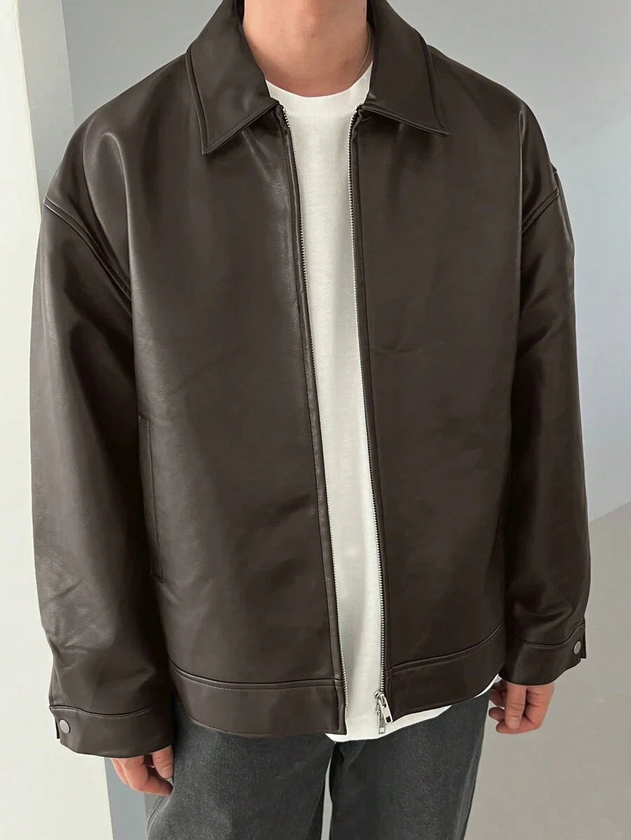 DAZY 1pc Men Plain Black Faux Leather Jacket For Autumn, Grunge