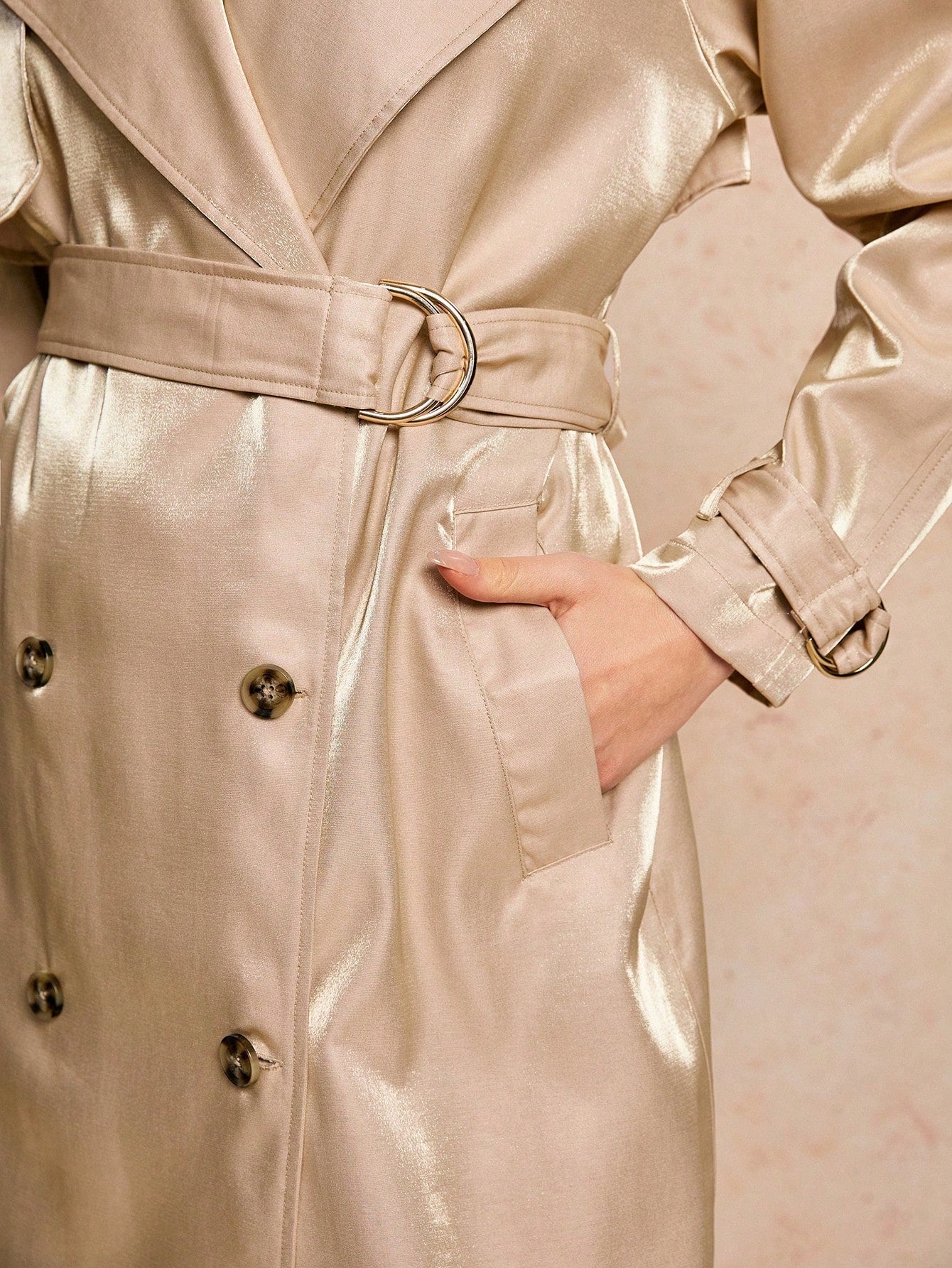 Poéselle Khaki Glossy Material Double Breasted Pocket Belt Long Sleeve Long Trench Coat Jacket, Versatile Must Have, Western Women's Clothing, Nashville Clothing, Coachella Concert Clothing, Spring Clothing