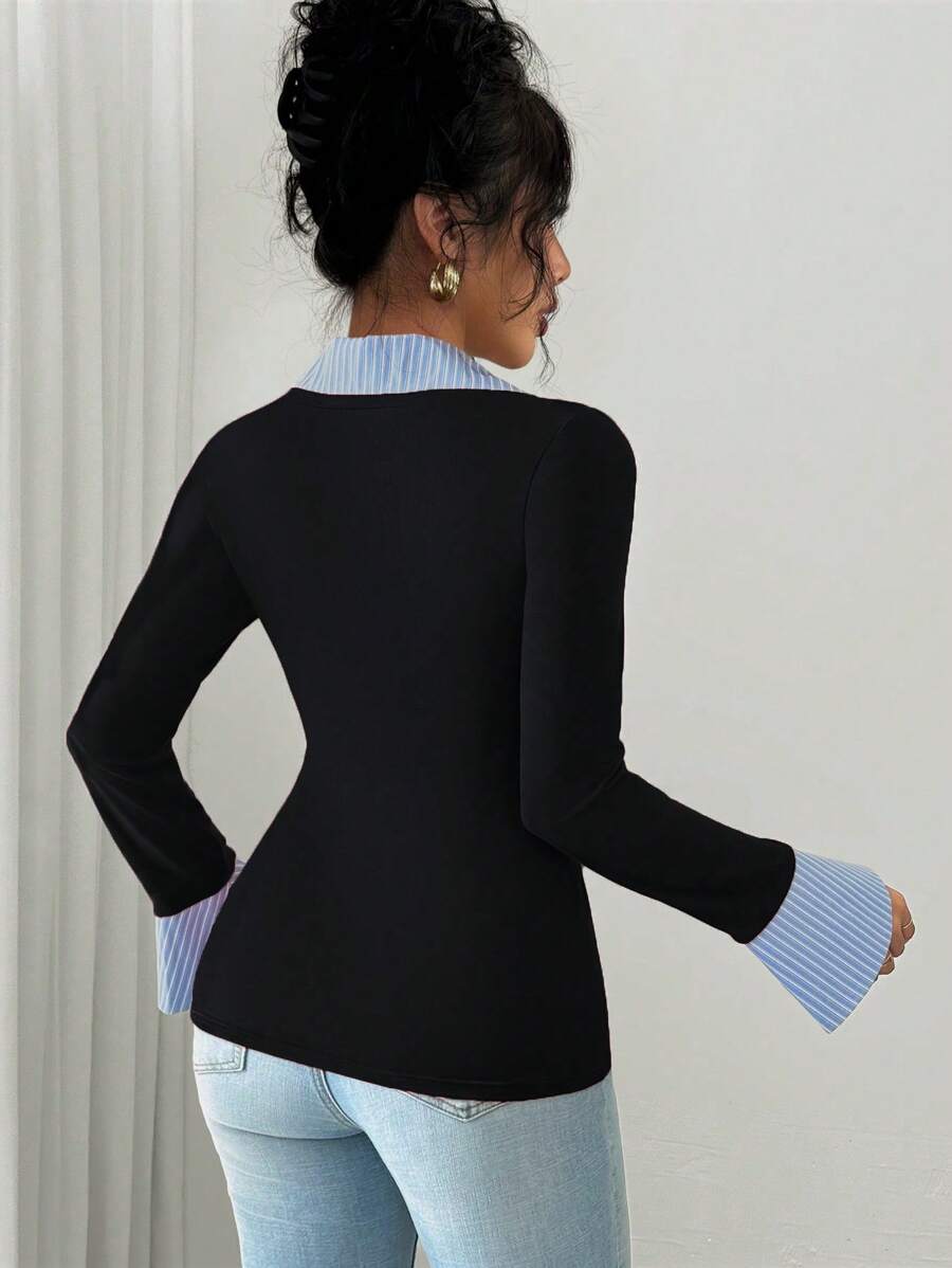 Selianne Elegant Commuter Striped Collared Flared Long Sleeve Knitted T-Shirt For Women