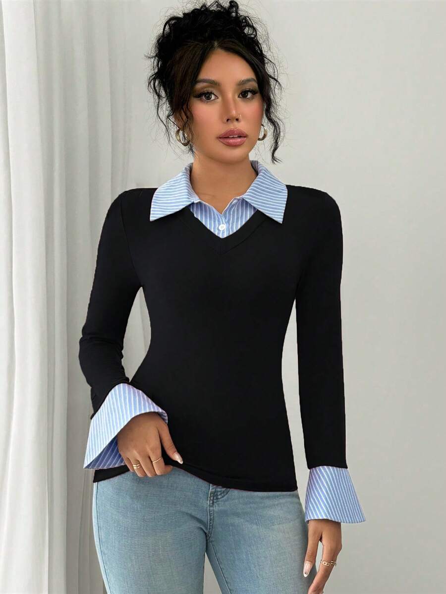 Selianne Elegant Commuter Striped Collared Flared Long Sleeve Knitted T-Shirt For Women
