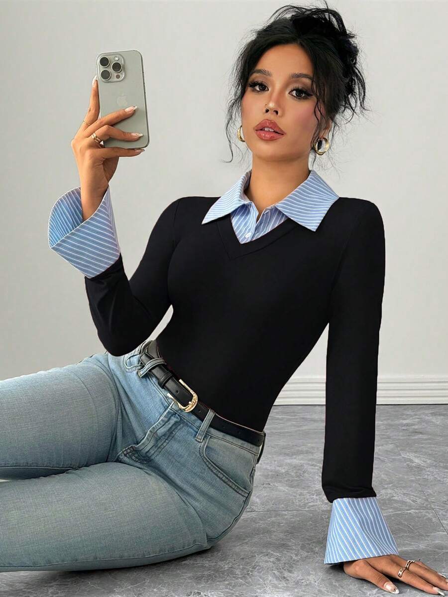Selianne Elegant Commuter Striped Collared Flared Long Sleeve Knitted T-Shirt For Women