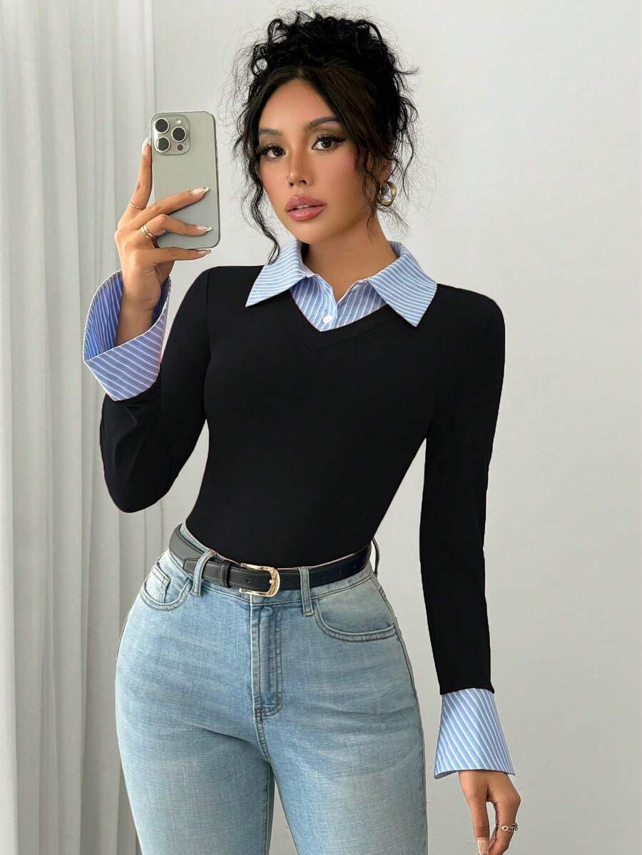 Selianne Elegant Commuter Striped Collared Flared Long Sleeve Knitted T-Shirt For Women