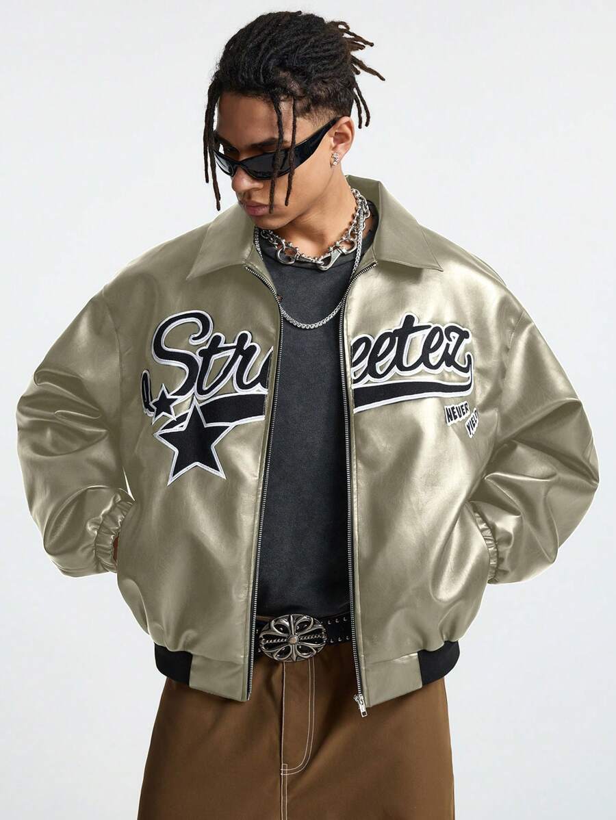 AXEPEAK Men's Autumn Letter Pattern Long Sleeve Zip-Up Collar Casual PU Leather Jacket, Bomber Vintage Party Letter Jacket, For Friends, Husband, Boyfriend Gifts, Streetwear Edition, For Fall Winter