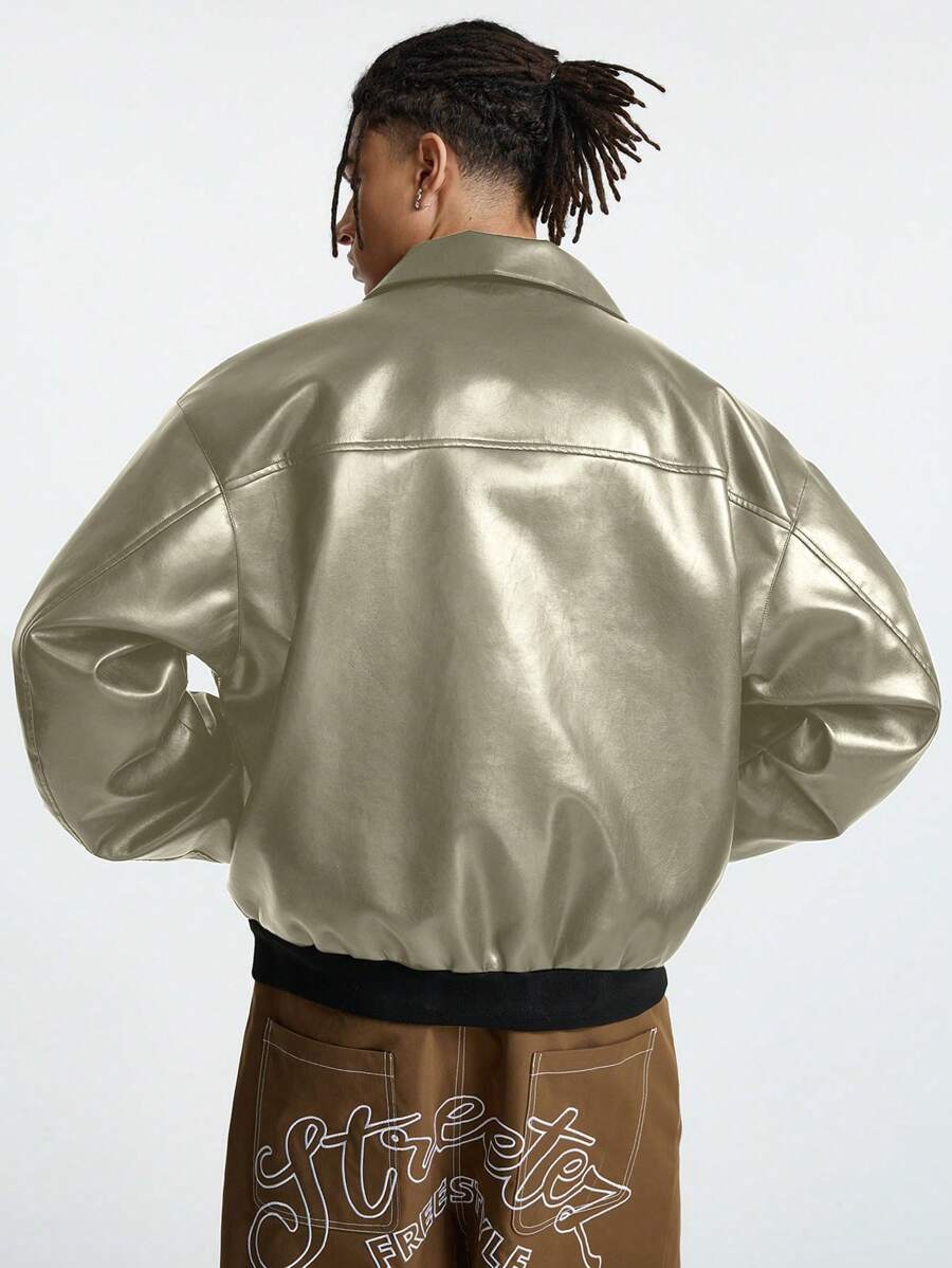 AXEPEAK Men's Autumn Letter Pattern Long Sleeve Zip-Up Collar Casual PU Leather Jacket, Bomber Vintage Party Letter Jacket, For Friends, Husband, Boyfriend Gifts, Streetwear Edition, For Fall Winter