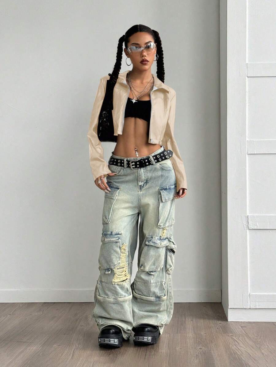 StreetHx Halloween Cropped Leather Zipper Jacket, Suitable For Autumn And Winter