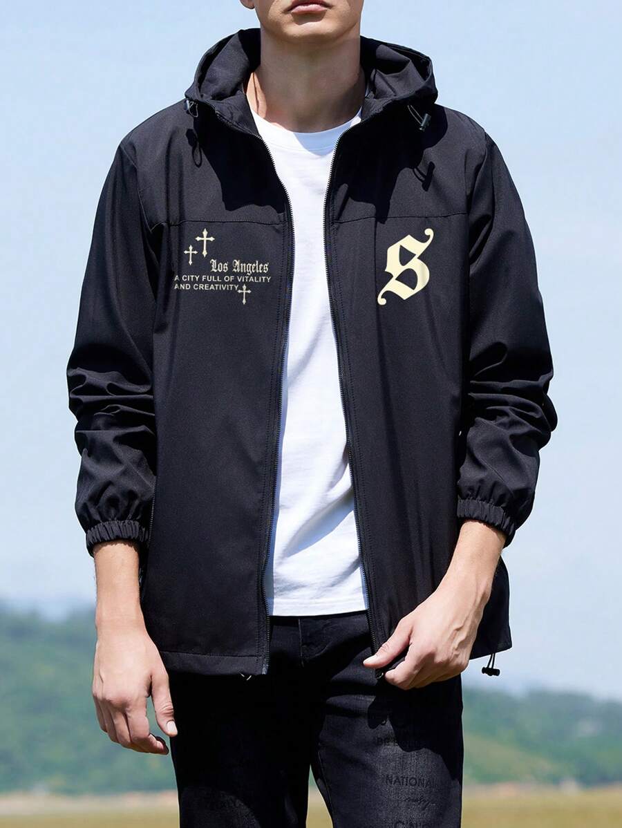 Men's Hooded Jacket With Pockets, Printed Outerwear For Spring And Autumn