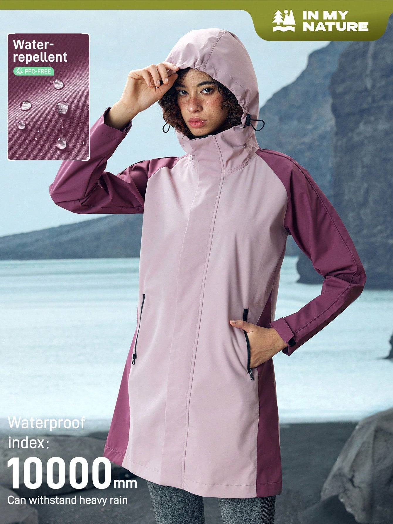 In My Nature Women's Color Block Raglan Sleeve Zipper Pocket Hooded Outdoor Rain Jacket