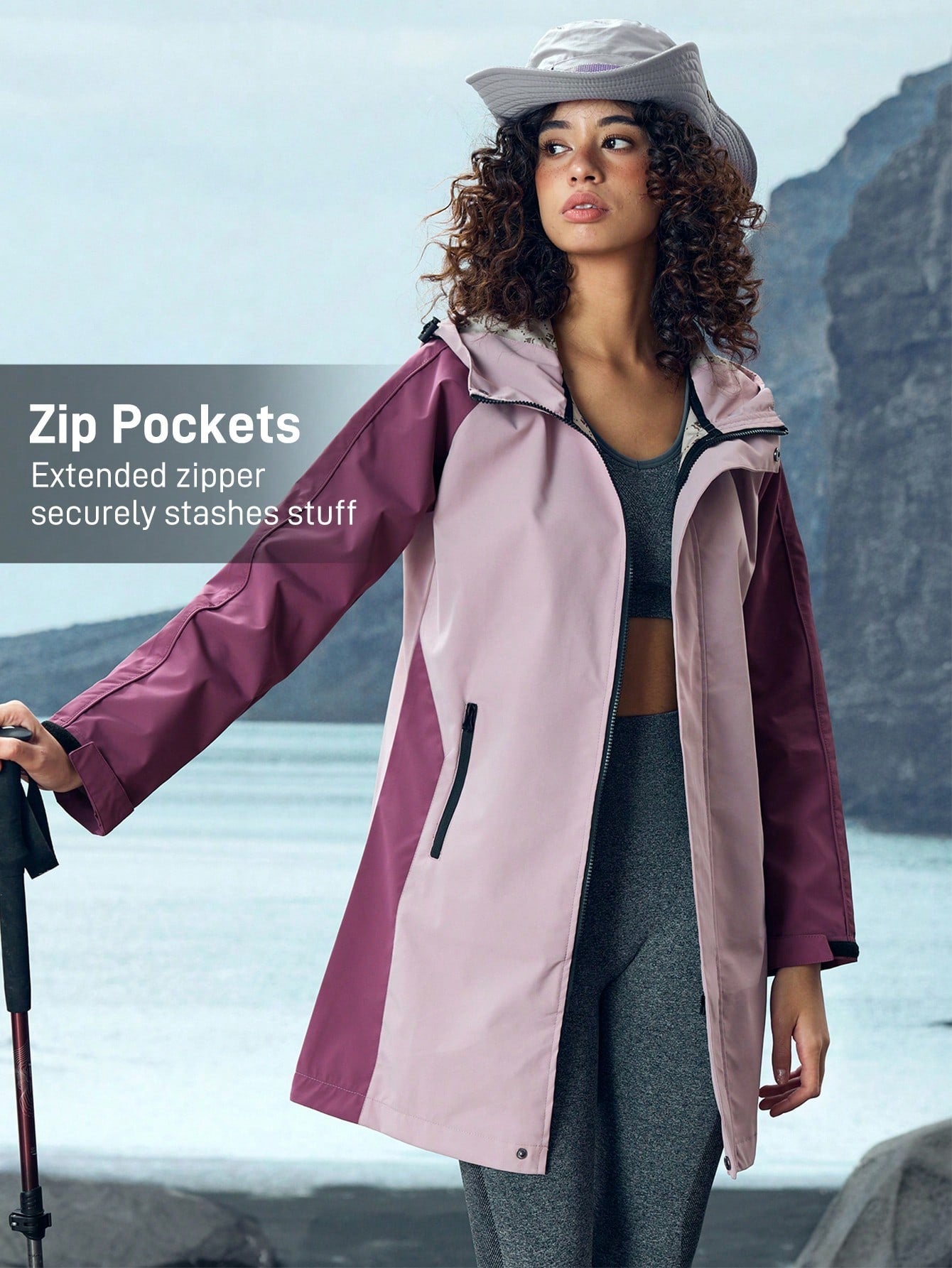 In My Nature Women's Color Block Raglan Sleeve Zipper Pocket Hooded Outdoor Rain Jacket