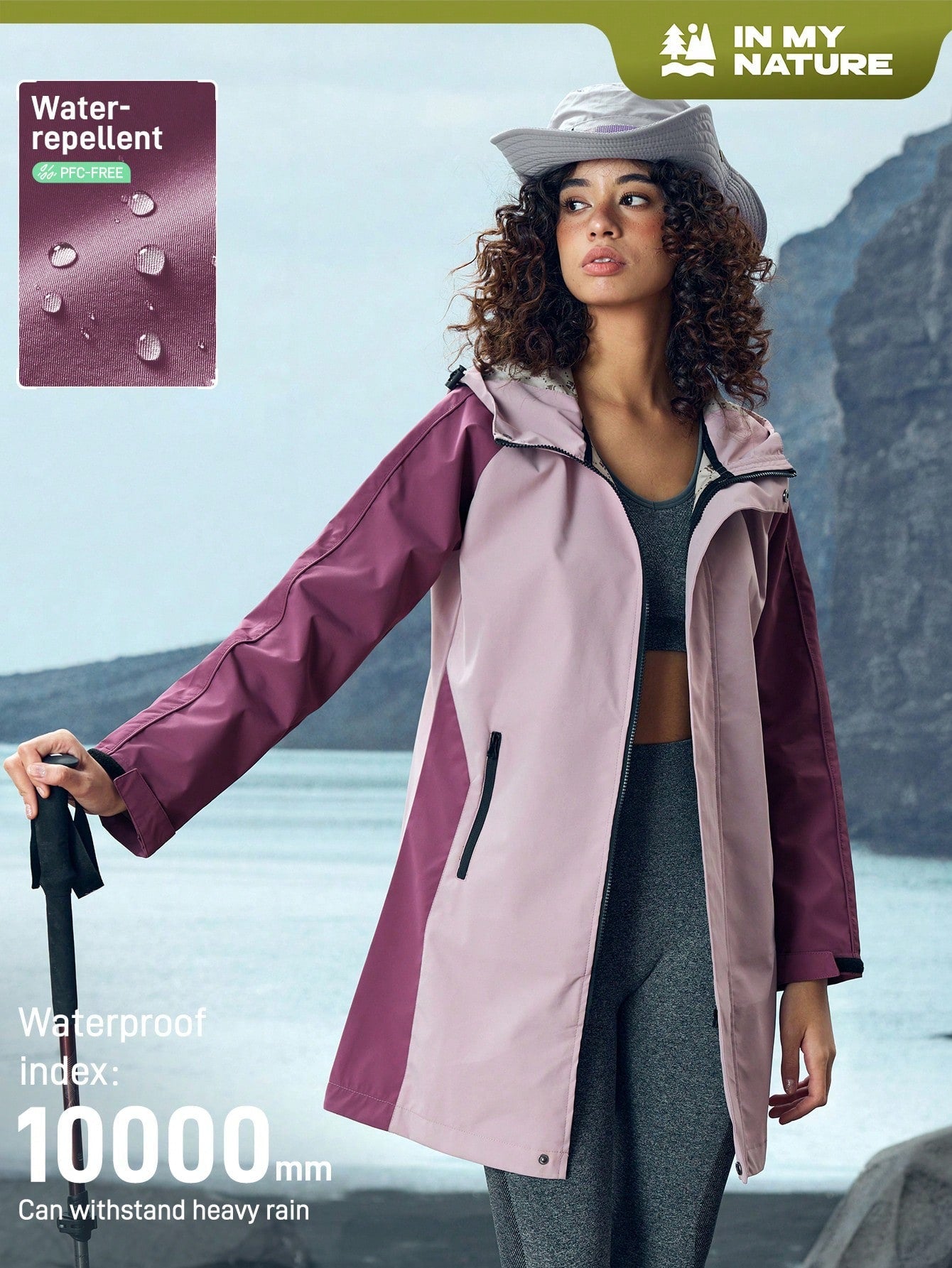 In My Nature Women's Color Block Raglan Sleeve Zipper Pocket Hooded Outdoor Rain Jacket