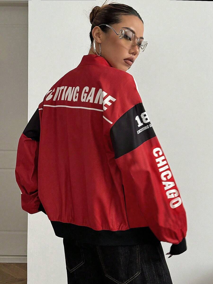 PETITE Letter Print Contrast Color Drop Shoulder Bomber Jacket For New Year Clothes