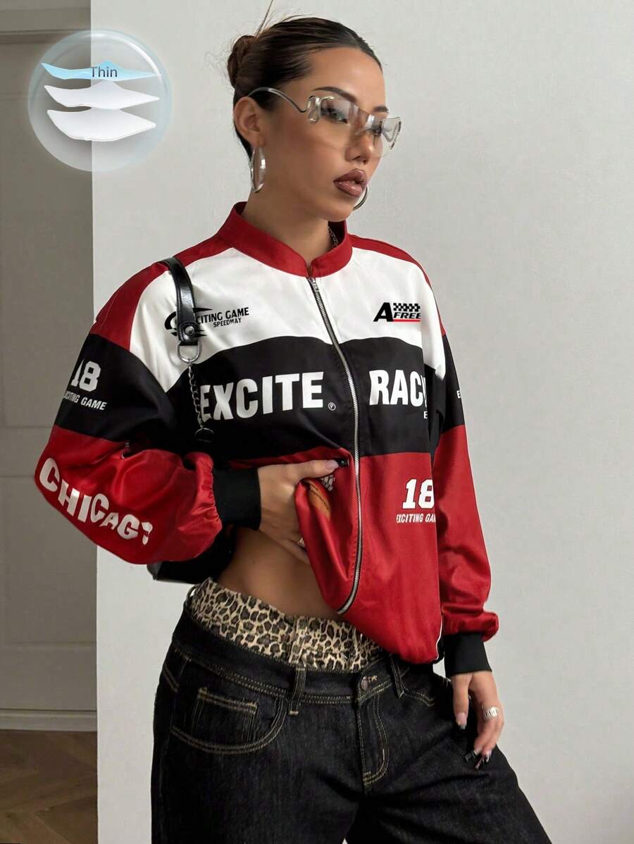 PETITE Letter Print Contrast Color Drop Shoulder Bomber Jacket For New Year Clothes