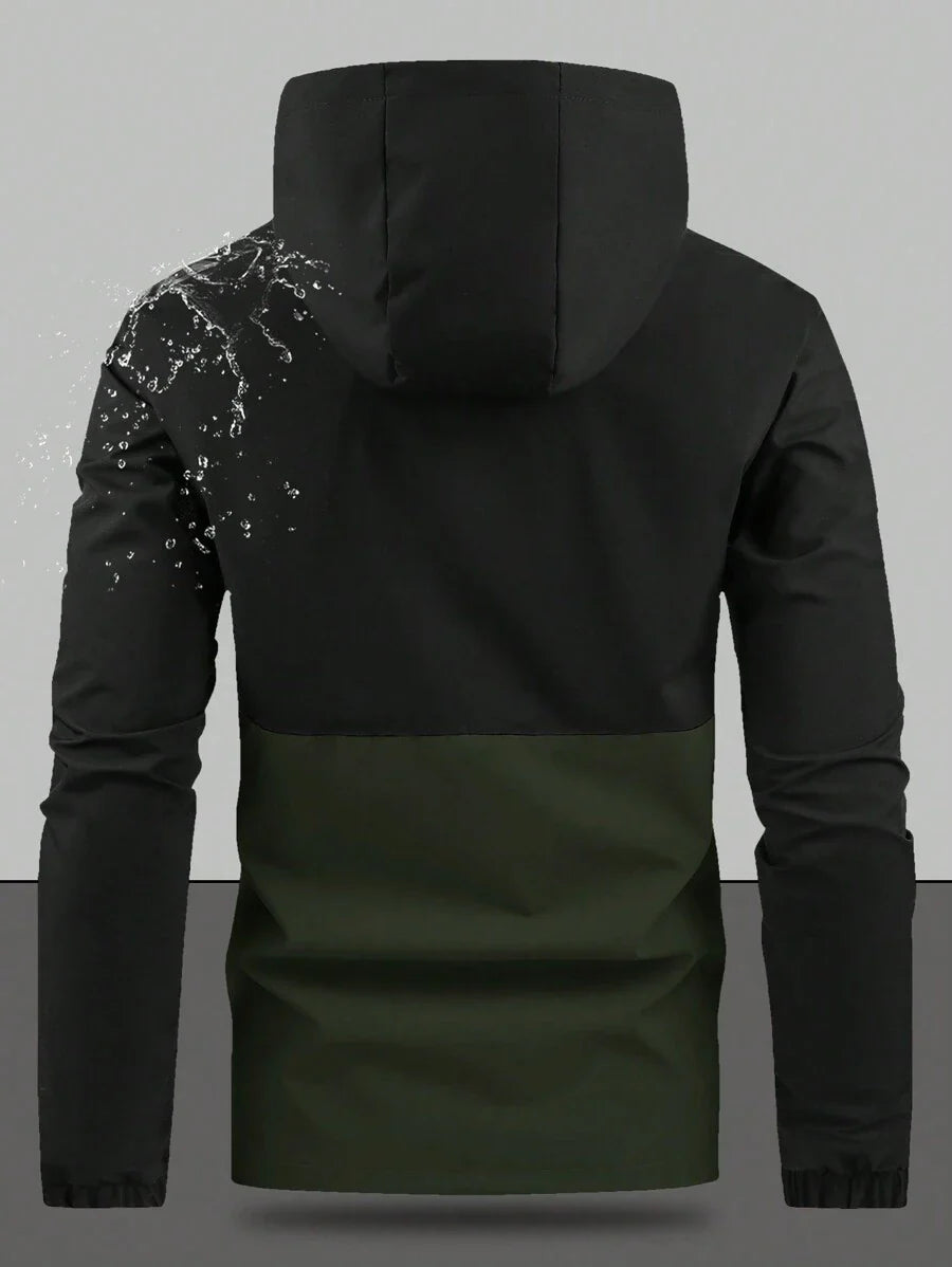 Men's Drawstring Hooded Waterproof Casual Versatile Zip Pocket Windbreaker Jacket, Suitable For Daily Wear
