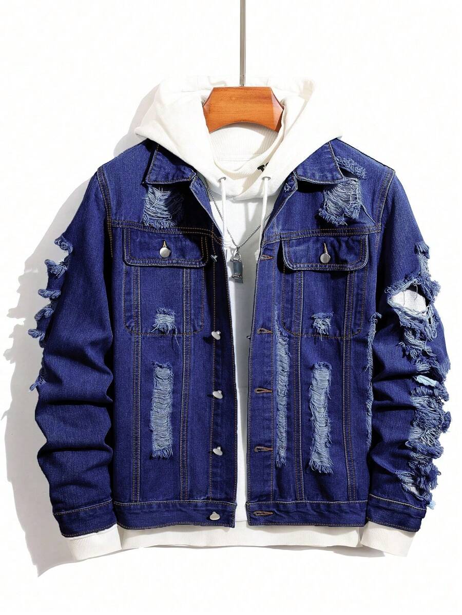 Manfinity Homme Men Long Sleeve Distressed Single Breasted Casual Denim Jacket, Fall