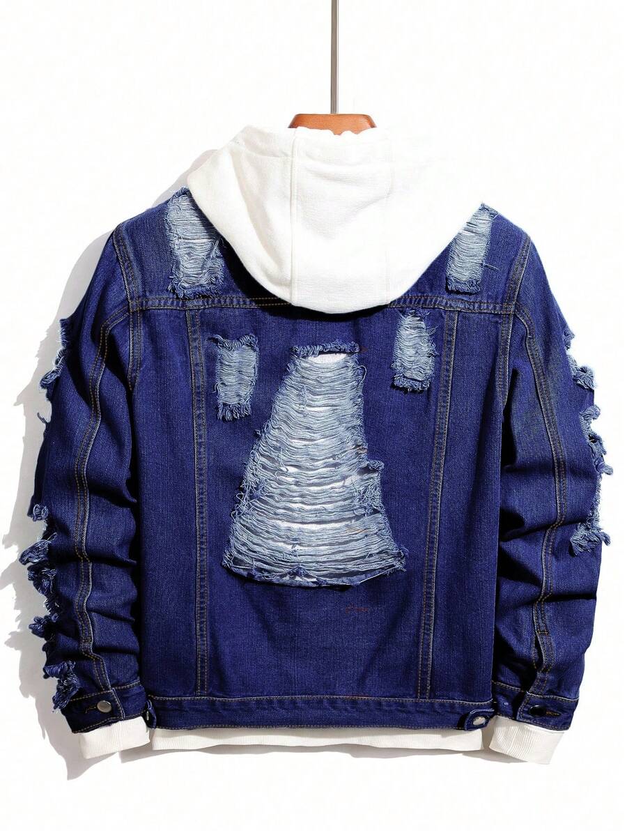 Manfinity Homme Men Long Sleeve Distressed Single Breasted Casual Denim Jacket, Fall