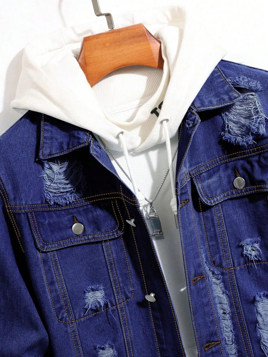 Manfinity Homme Men Long Sleeve Distressed Single Breasted Casual Denim Jacket, Fall