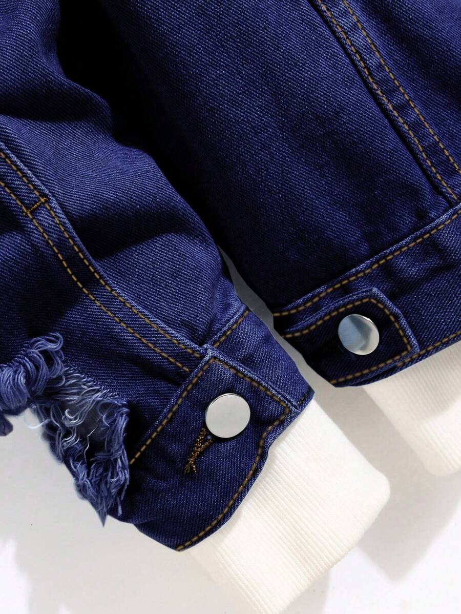 Manfinity Homme Men Casual Long Sleeve Distressed Single-Breasted Denim Jacket, Fall