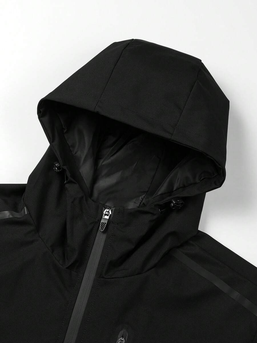 Men's Drawstring Hooded Waterproof Casual Versatile Zip Pocket Windbreaker Jacket, Suitable For Daily Wear