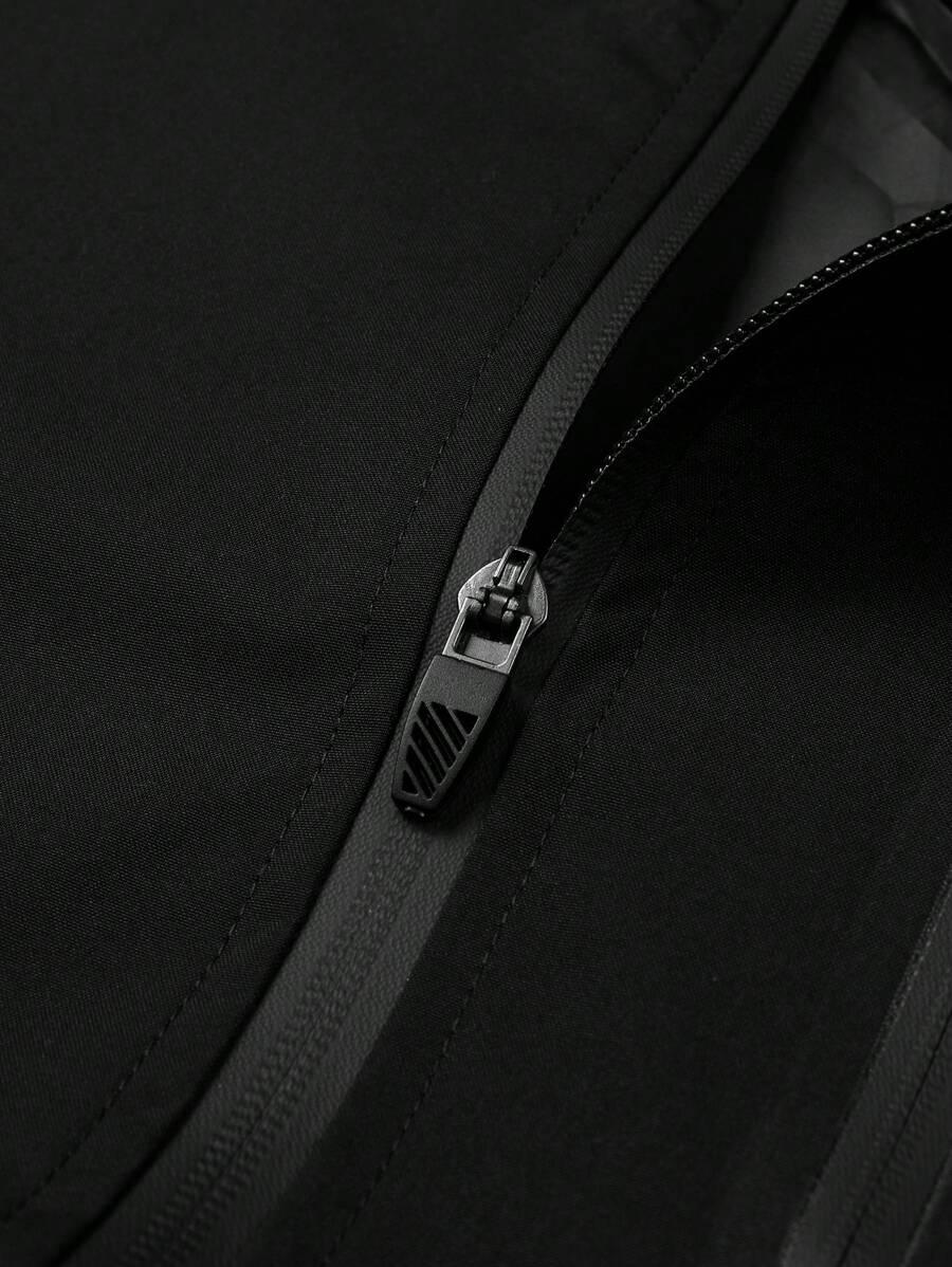 Men's Drawstring Hooded Waterproof Casual Versatile Zip Pocket Windbreaker Jacket, Suitable For Daily Wear