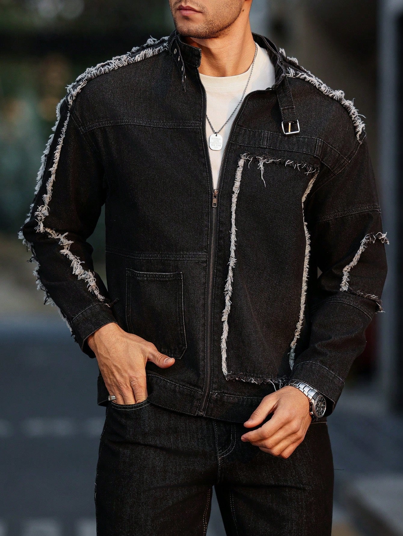 Manfinity Homme Men Patchwork Frayed Hem Zip Up Casual Denim Jacket, Fall