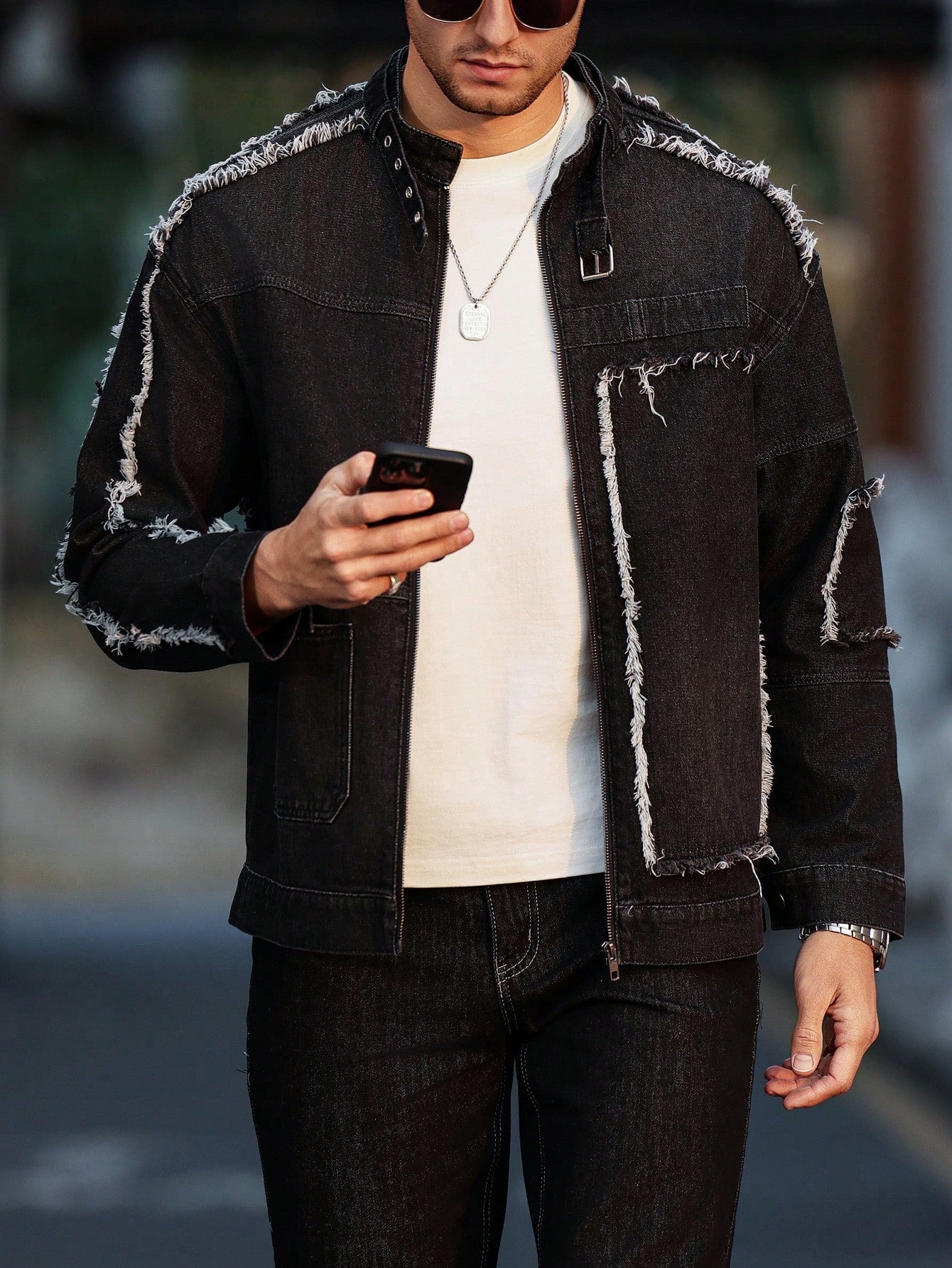 Manfinity Homme Men Patchwork Frayed Hem Zip Up Casual Denim Jacket, Fall