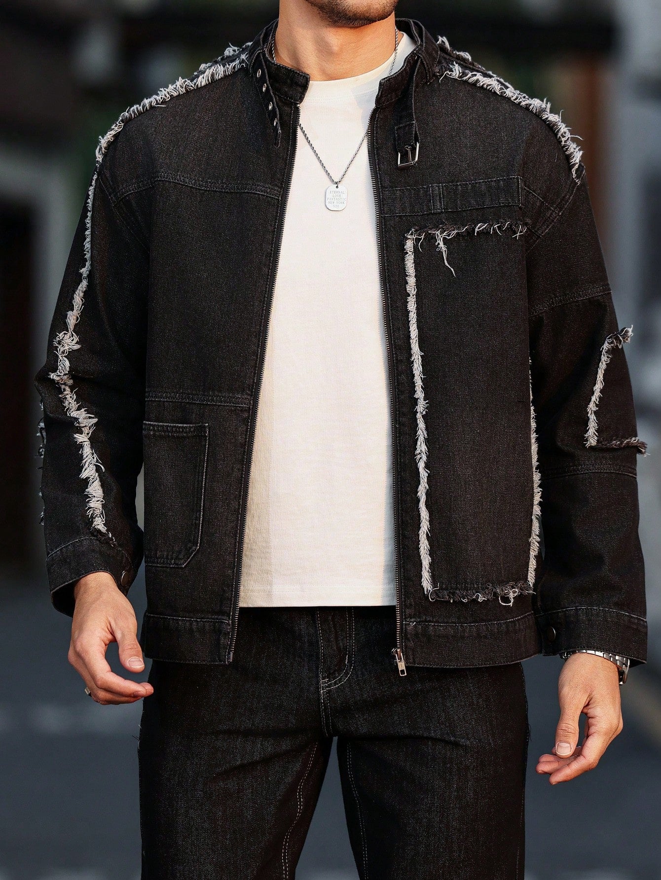 Manfinity Homme Men Patchwork Frayed Hem Zip Up Casual Denim Jacket, Fall
