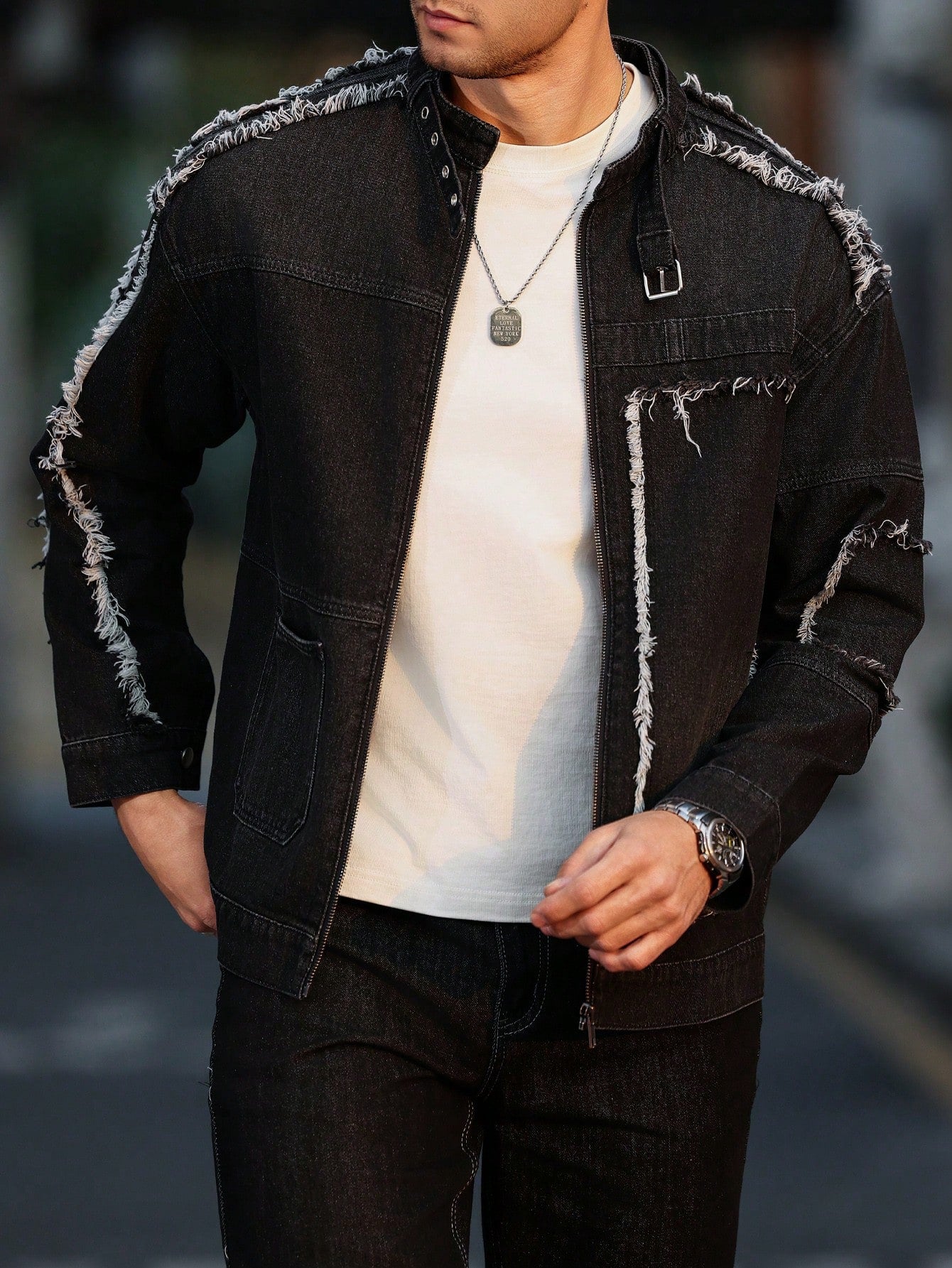 Manfinity Homme Men Patchwork Frayed Hem Zip Up Casual Denim Jacket, Fall