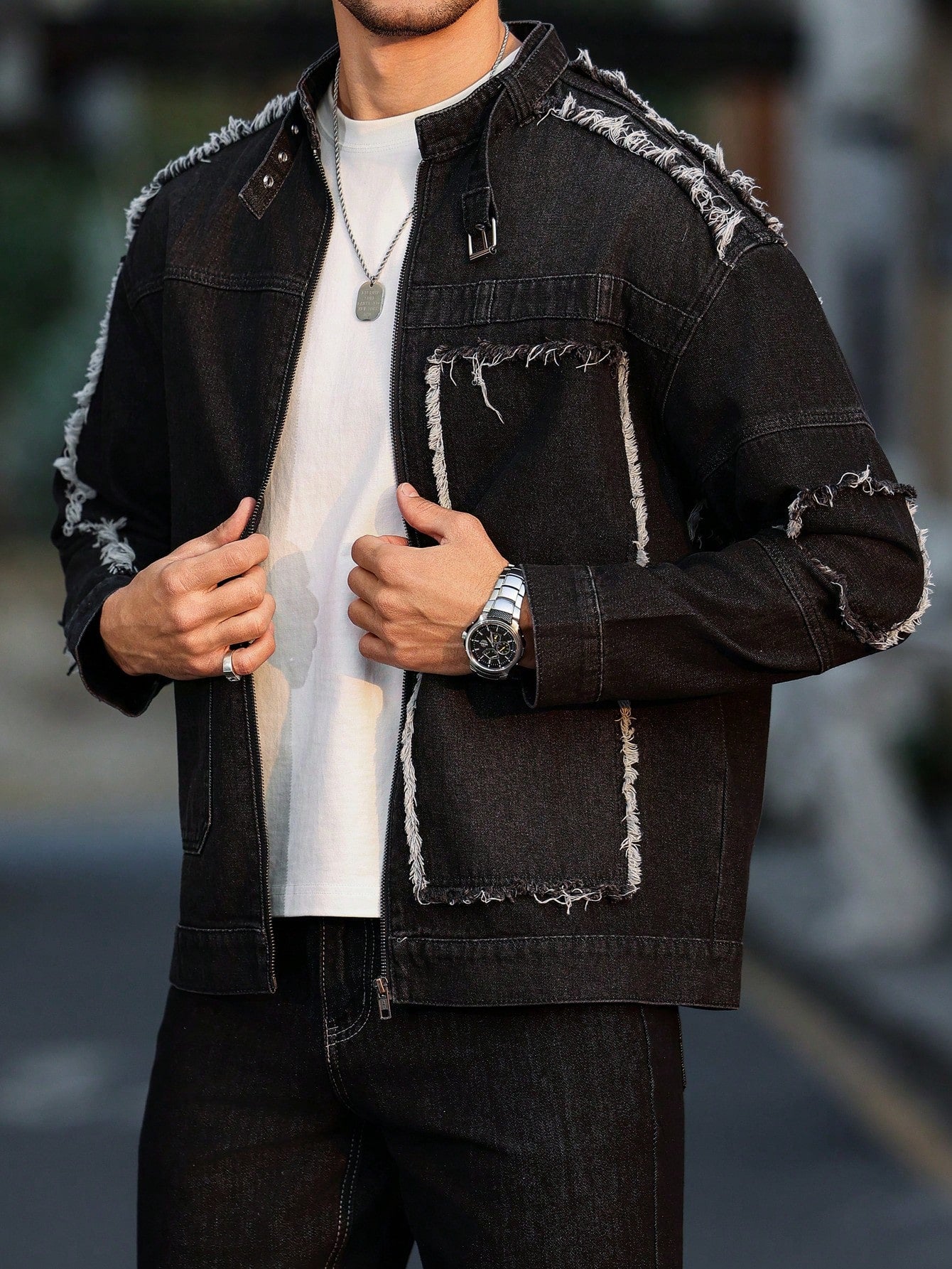 Manfinity Homme Men Patchwork Frayed Hem Zip Up Casual Denim Jacket, Fall