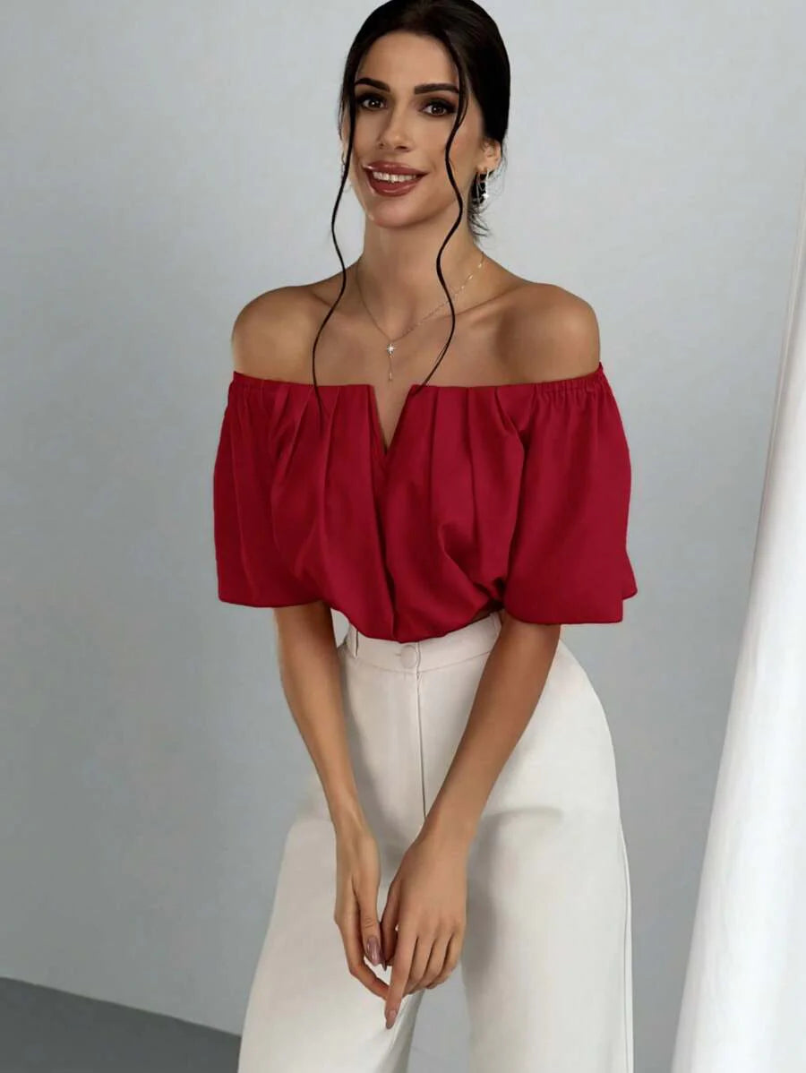 Aloruh Solid Color V-Neck Off Shoulder Casual Top