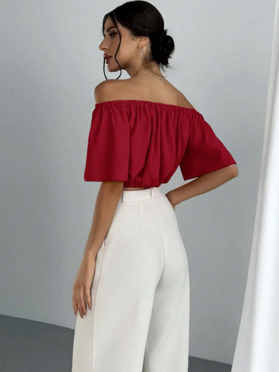 Aloruh Solid Color V-Neck Off Shoulder Casual Top