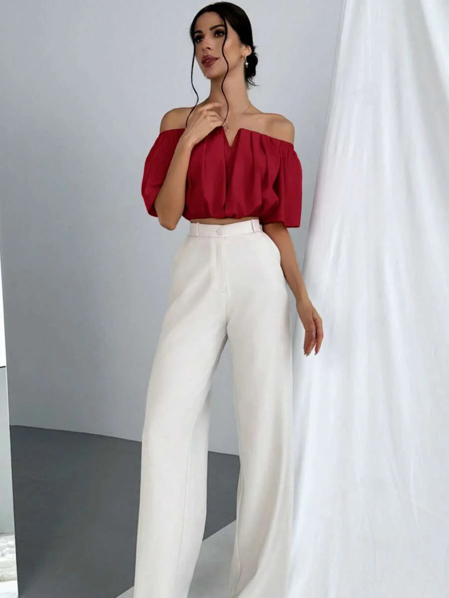 Aloruh Solid Color V-Neck Off Shoulder Casual Top
