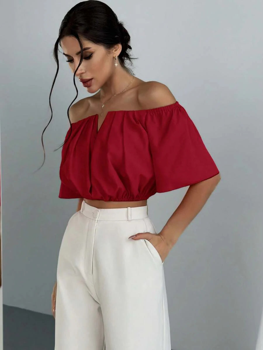 Aloruh Solid Color V-Neck Off Shoulder Casual Top