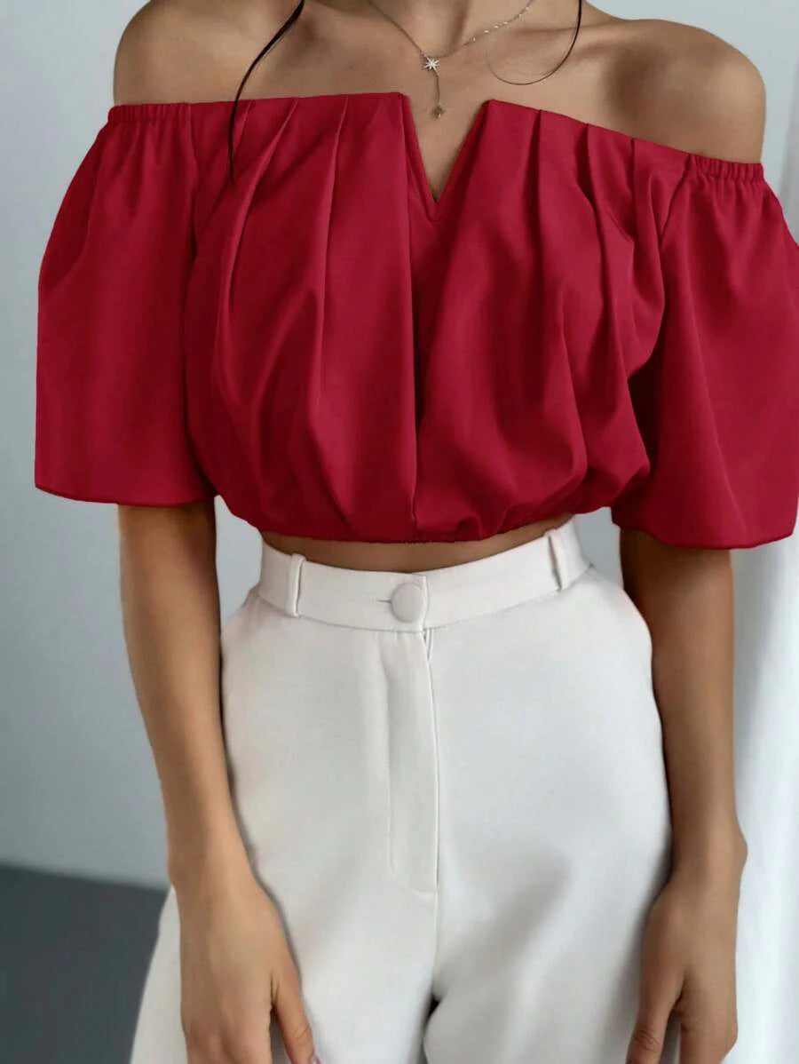 Aloruh Solid Color V-Neck Off Shoulder Casual Top