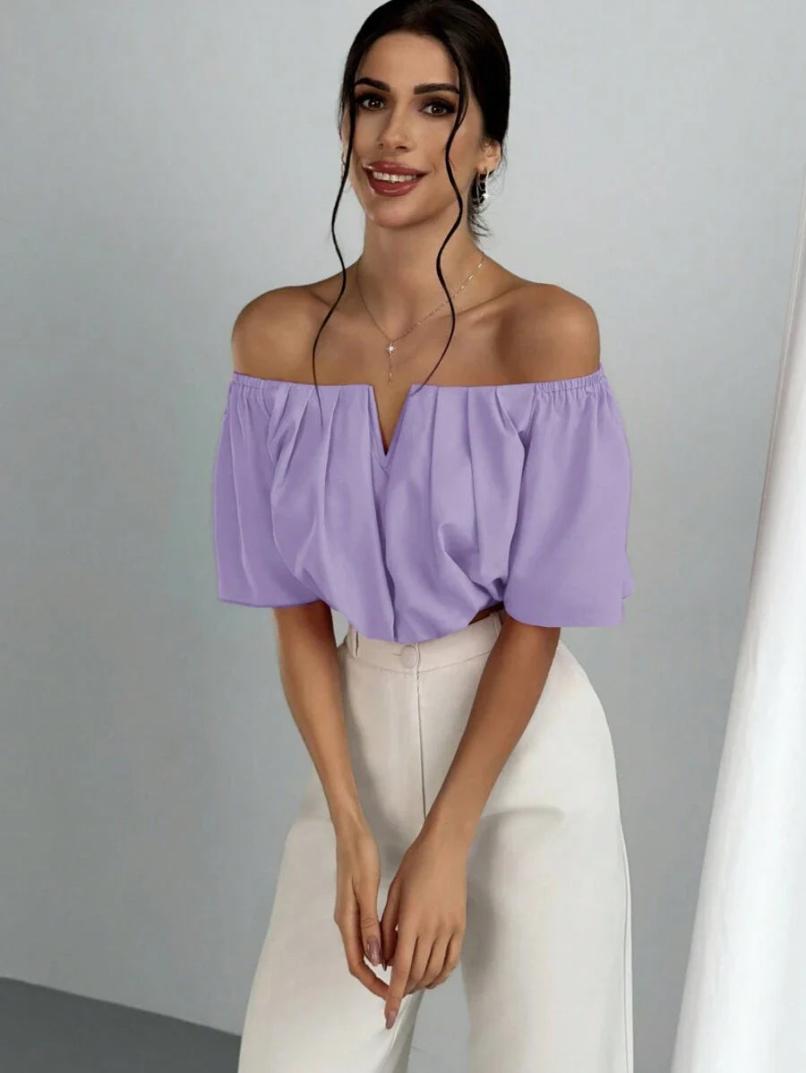 Aloruh Solid Color V-Neck Off Shoulder Casual Top