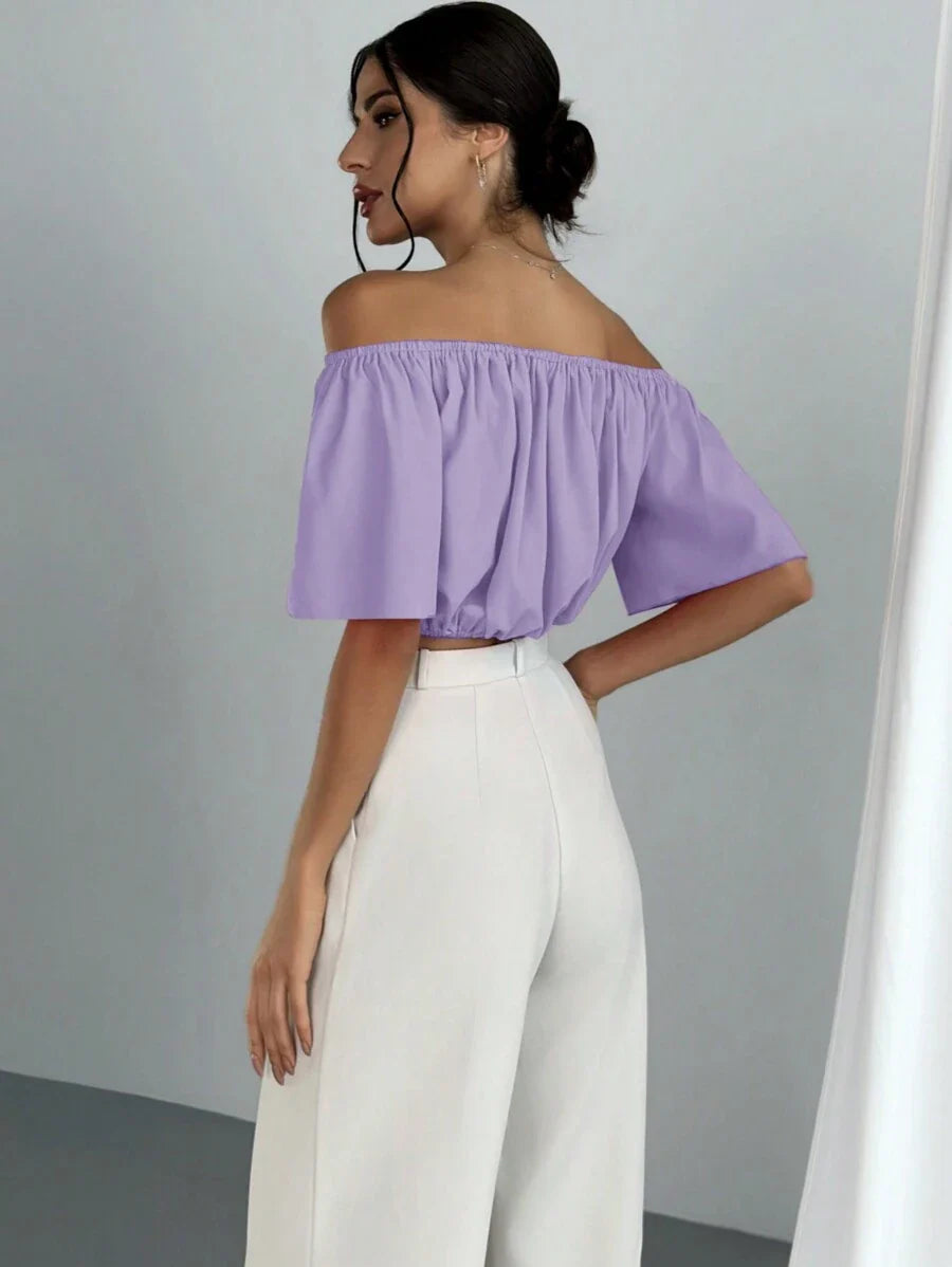 Aloruh Solid Color V-Neck Off Shoulder Casual Top