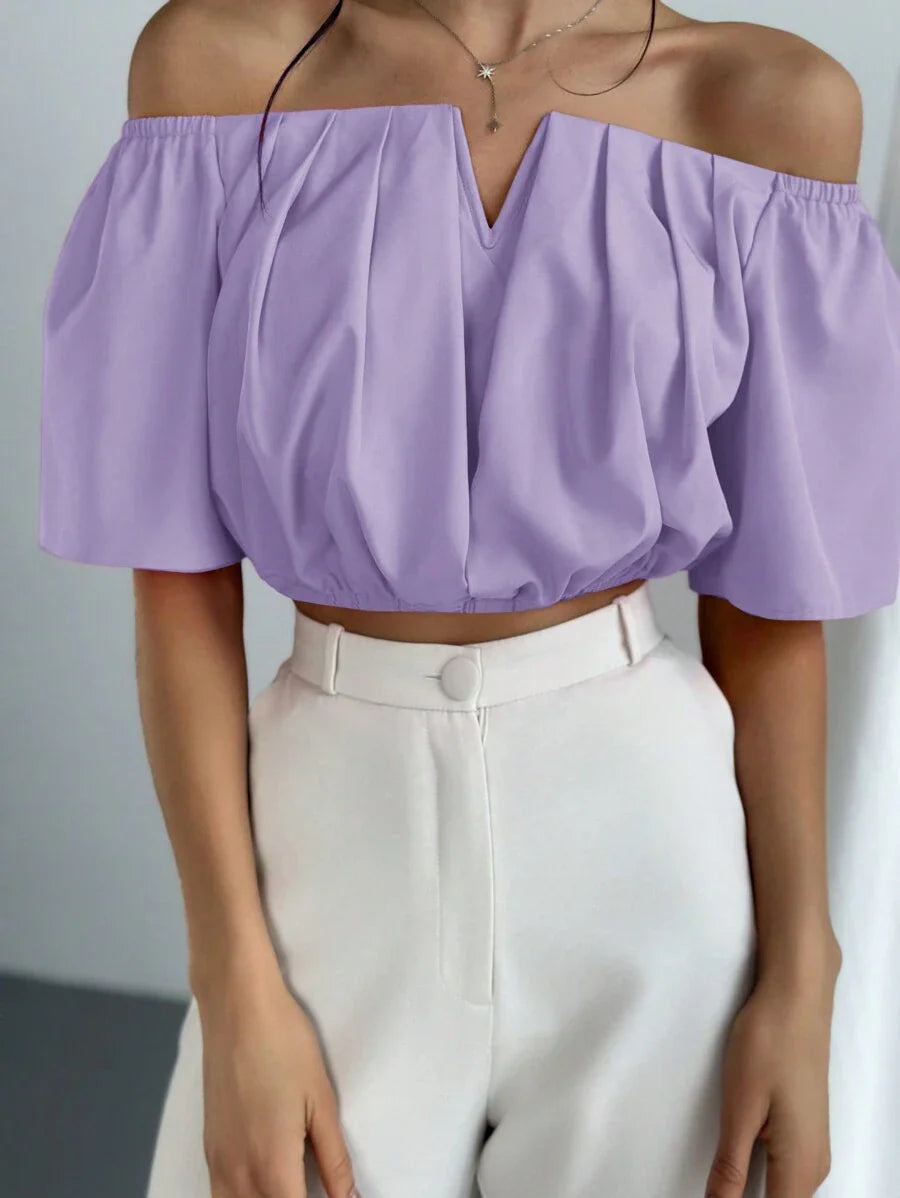 Aloruh Solid Color V-Neck Off Shoulder Casual Top