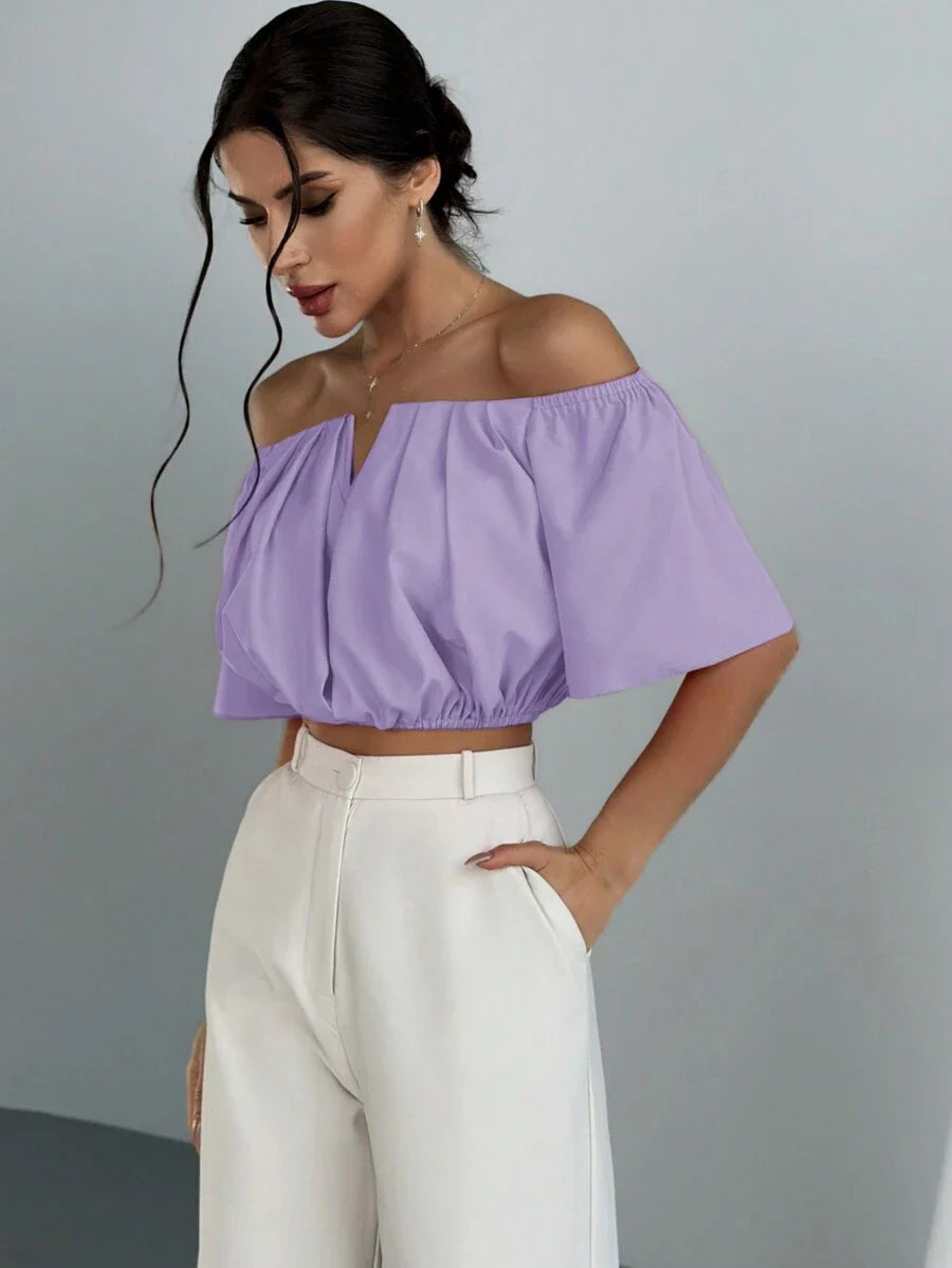 Aloruh Solid Color V-Neck Off Shoulder Casual Top