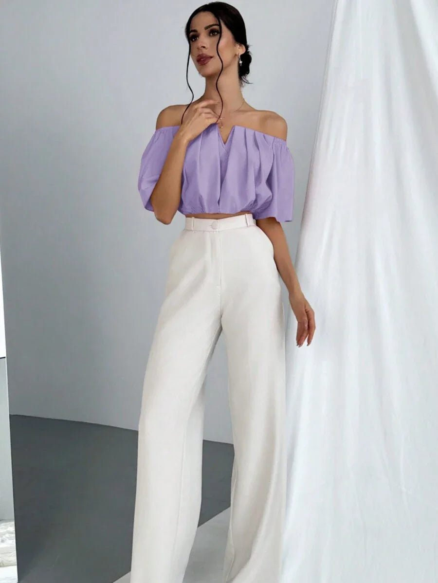 Aloruh Solid Color V-Neck Off Shoulder Casual Top