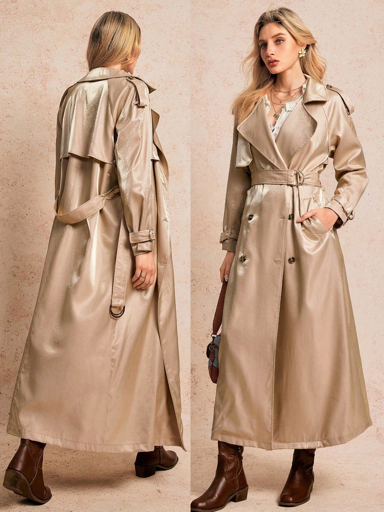 Poéselle Khaki Glossy Material Double Breasted Pocket Belt Long Sleeve Long Trench Coat Jacket, Versatile Must Have, Western Women's Clothing, Nashville Clothing, Coachella Concert Clothing, Spring Clothing