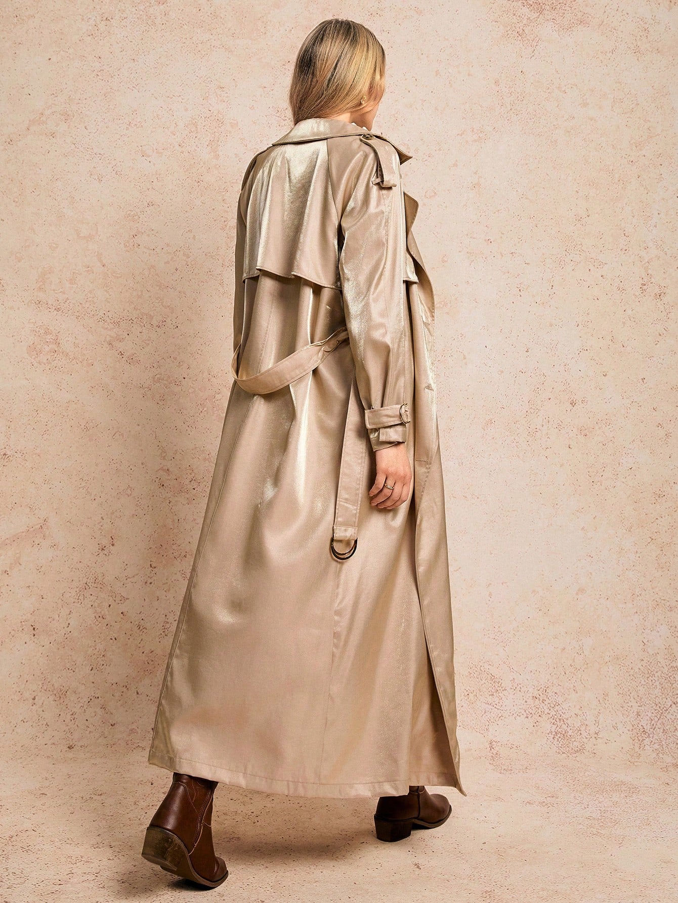 Poéselle Khaki Glossy Material Double Breasted Pocket Belt Long Sleeve Long Trench Coat Jacket, Versatile Must Have, Western Women's Clothing, Nashville Clothing, Coachella Concert Clothing, Spring Clothing
