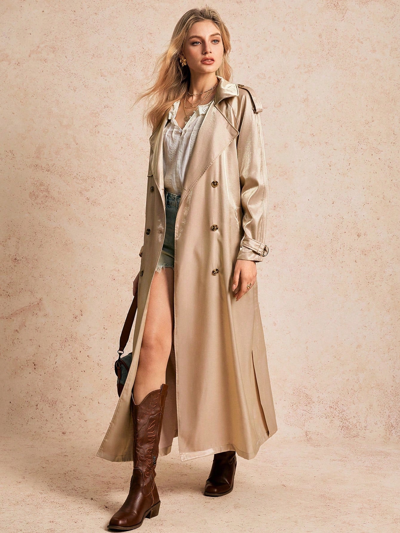 Poéselle Khaki Glossy Material Double Breasted Pocket Belt Long Sleeve Long Trench Coat Jacket, Versatile Must Have, Western Women's Clothing, Nashville Clothing, Coachella Concert Clothing, Spring Clothing