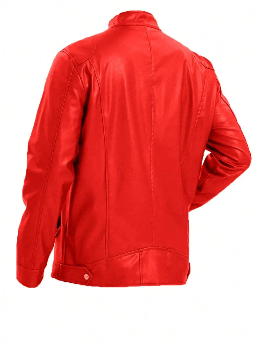 Men's Stand Collar Fitted Faux Leather Rave Jacket With Zipper Pockets, Motorcycle Style, For Fall Winter